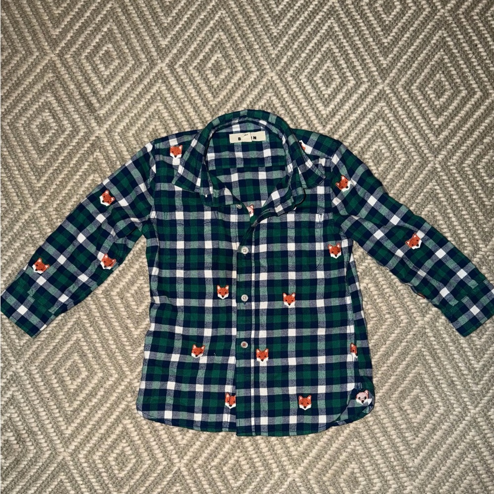 Mini Boden Blue and Green Plaid Shirt with Fox Design